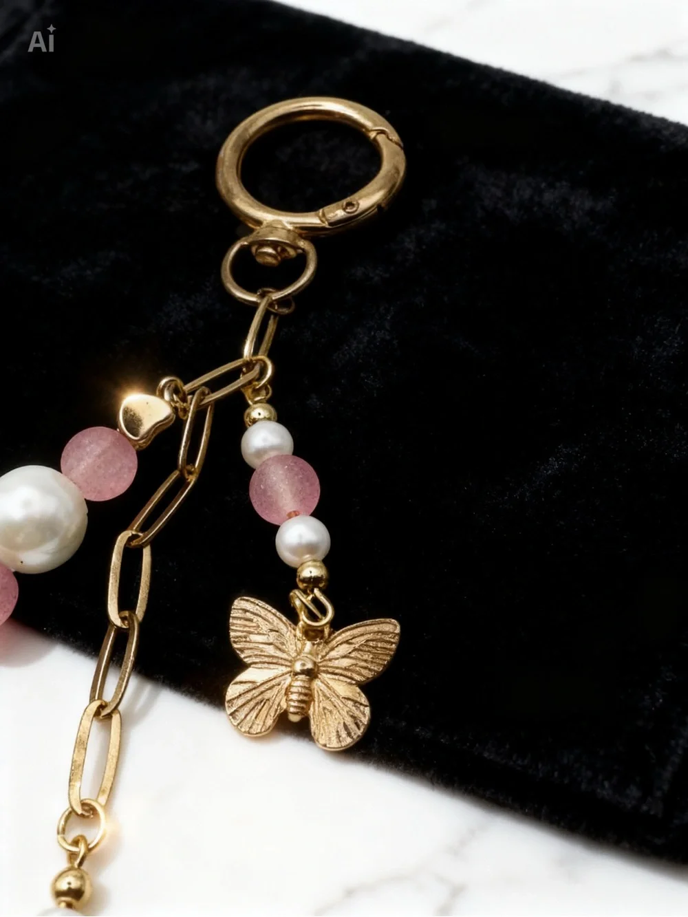 Gold Keychain with Pink Beads & Earth, Tree & Butterfly Charms